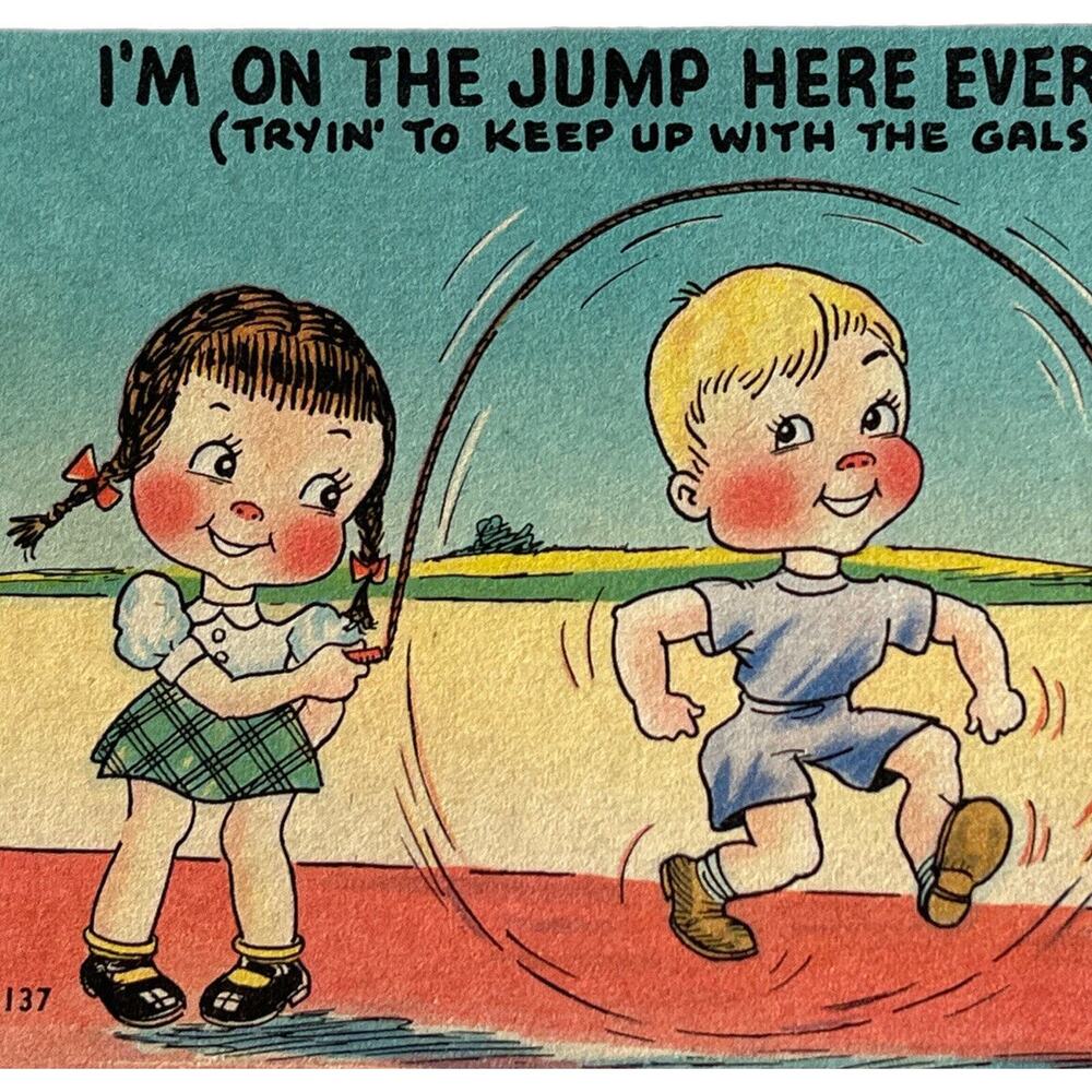 Antique Litho Postcard 1920s Humorous Twin Girls Boy Jump Colorful Asheville Co